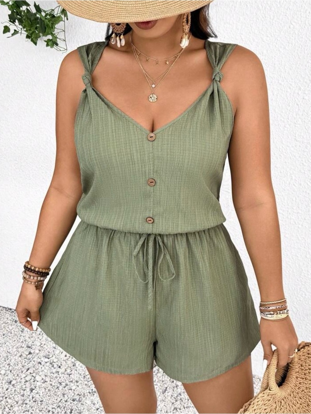 SHEIN Green Knot-Shoulder Button Romper